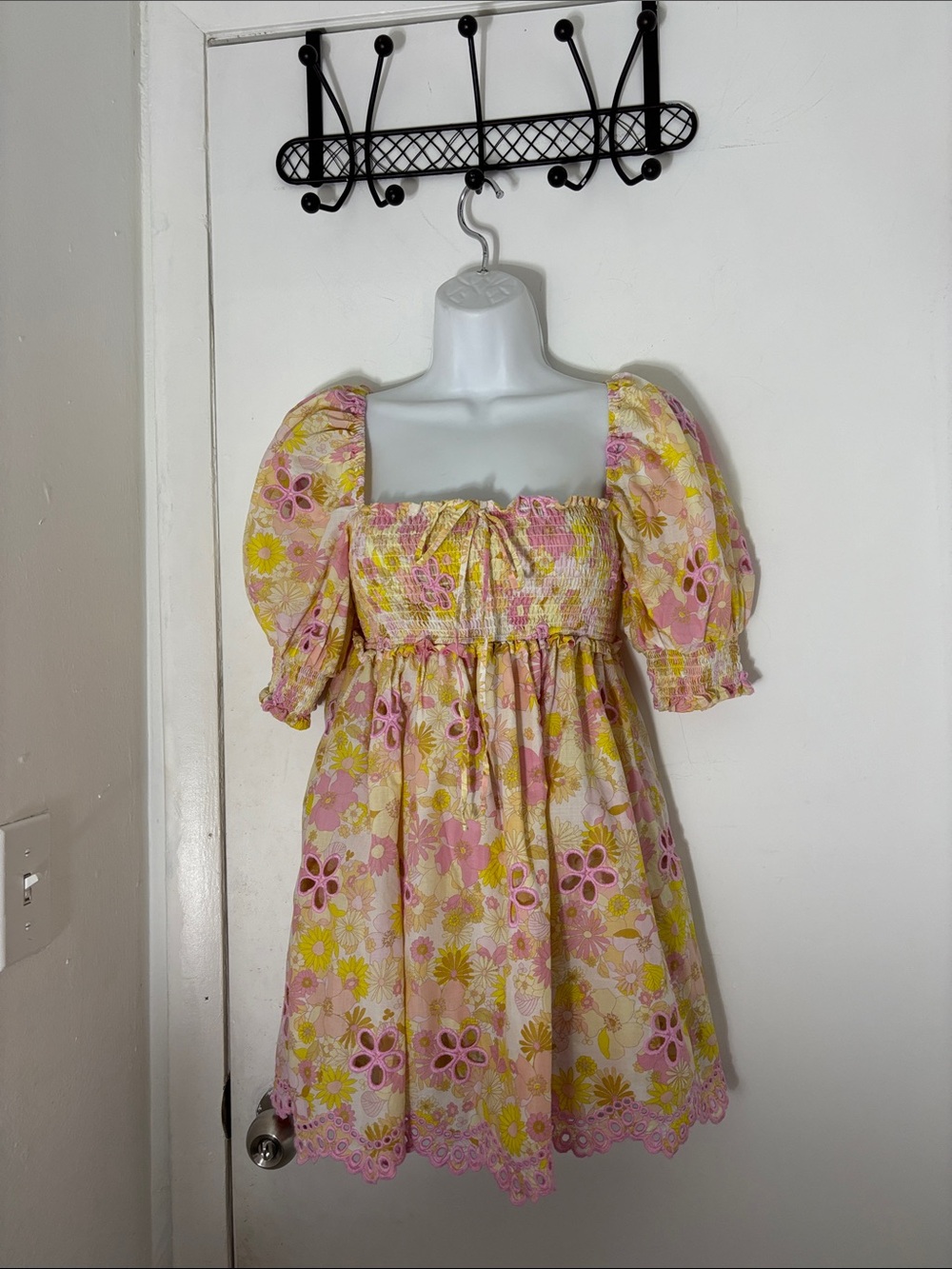 For Love And Lemons Pink and Yellow Floral Puff Sleeve Mini Dress